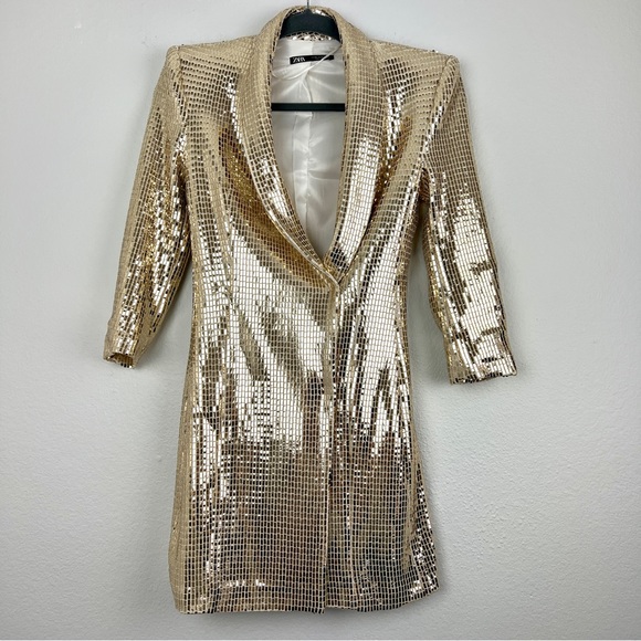 ZARA | Sequin Sparkly Gold Double Breasted Blazer Mini Dress New Years Event S - Picture 4 of 15